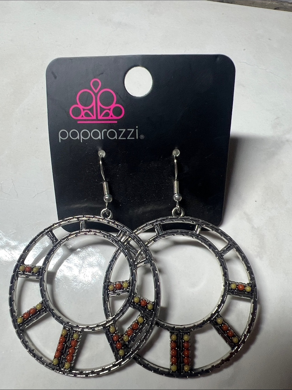 Paparazzi Silver-Tone Hoop Earrings with Orange and Yellow Beads